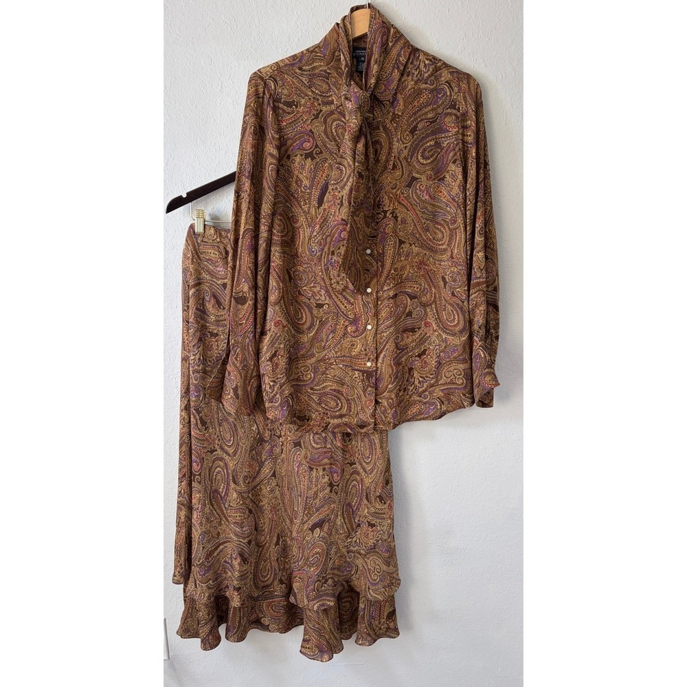 Jones New York Women Paisley Tie Neck Blouse & Ruffle Skirt Set 1X Brown Vintage